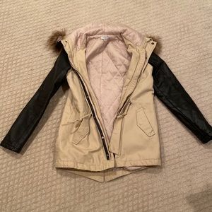 Beige with Leather Sleeve Utility Jacket